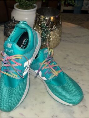 New Balance 247 Teal Athletic Sneakers with Multicolor Laces